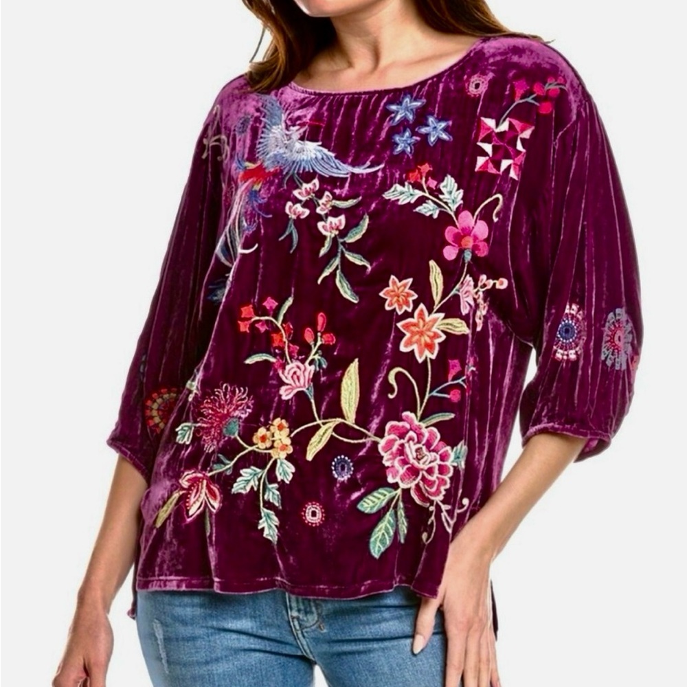 Johnny Was Purple Velvet Embroidered top silk flowers bird like new Nikkola